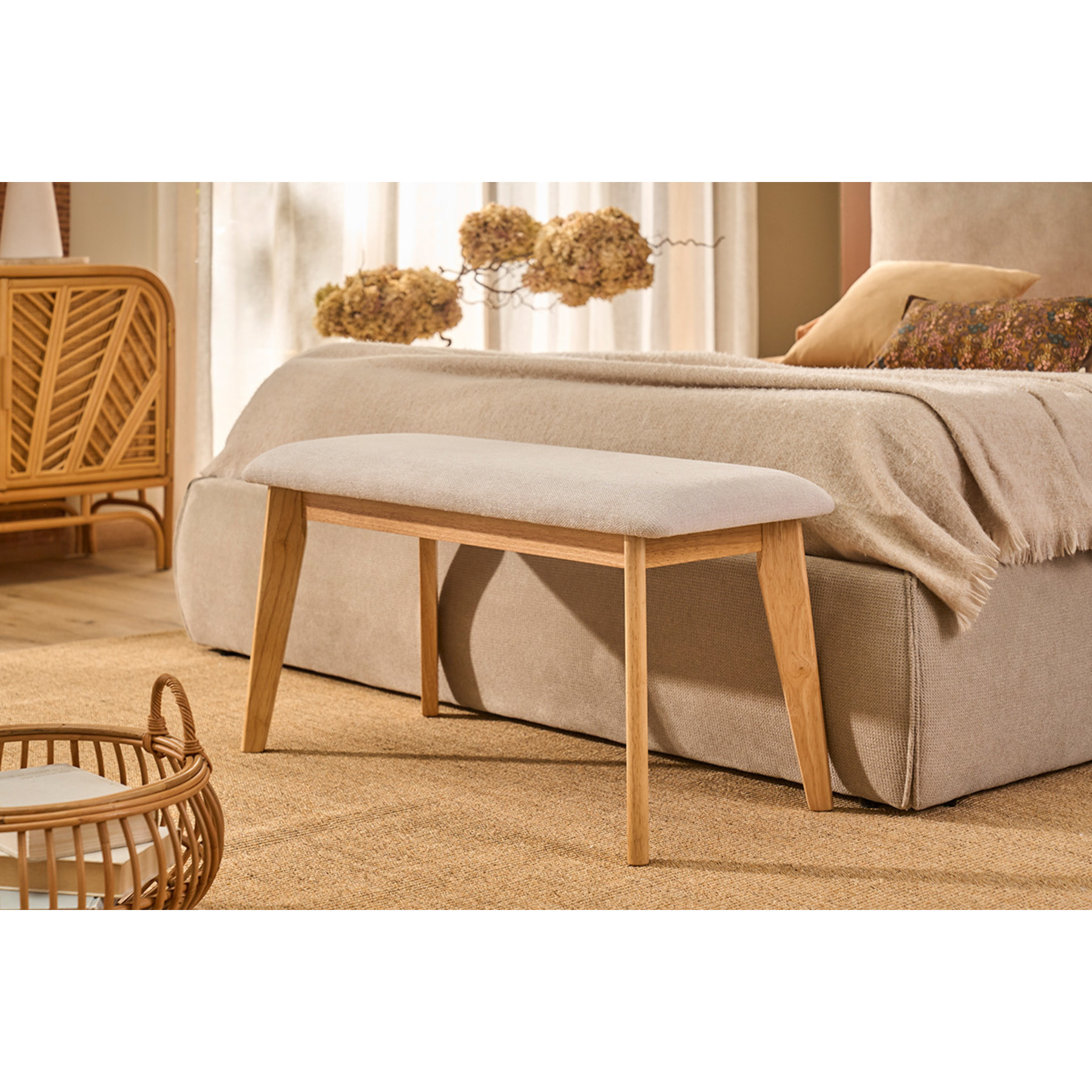 Banc scandinave en tissu effet velours texturé beige et bois clair L92 cm ELION