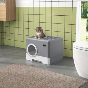 Maison de toilette chat porte battante et haute pelle PP gris blanc