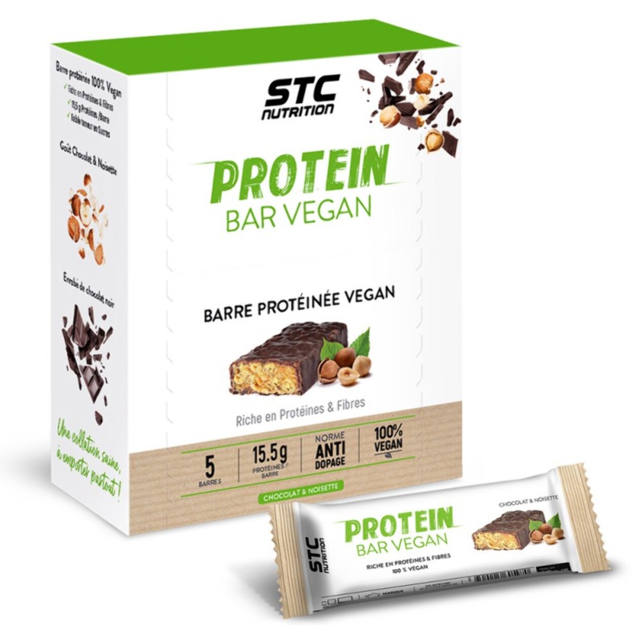 STC NUTRITION - Protein Bar Vegan - Riche en protéines & fibres - Faible teneur en sucres - 100% Vegan - Norme anti-dopage - Etui 5 barres