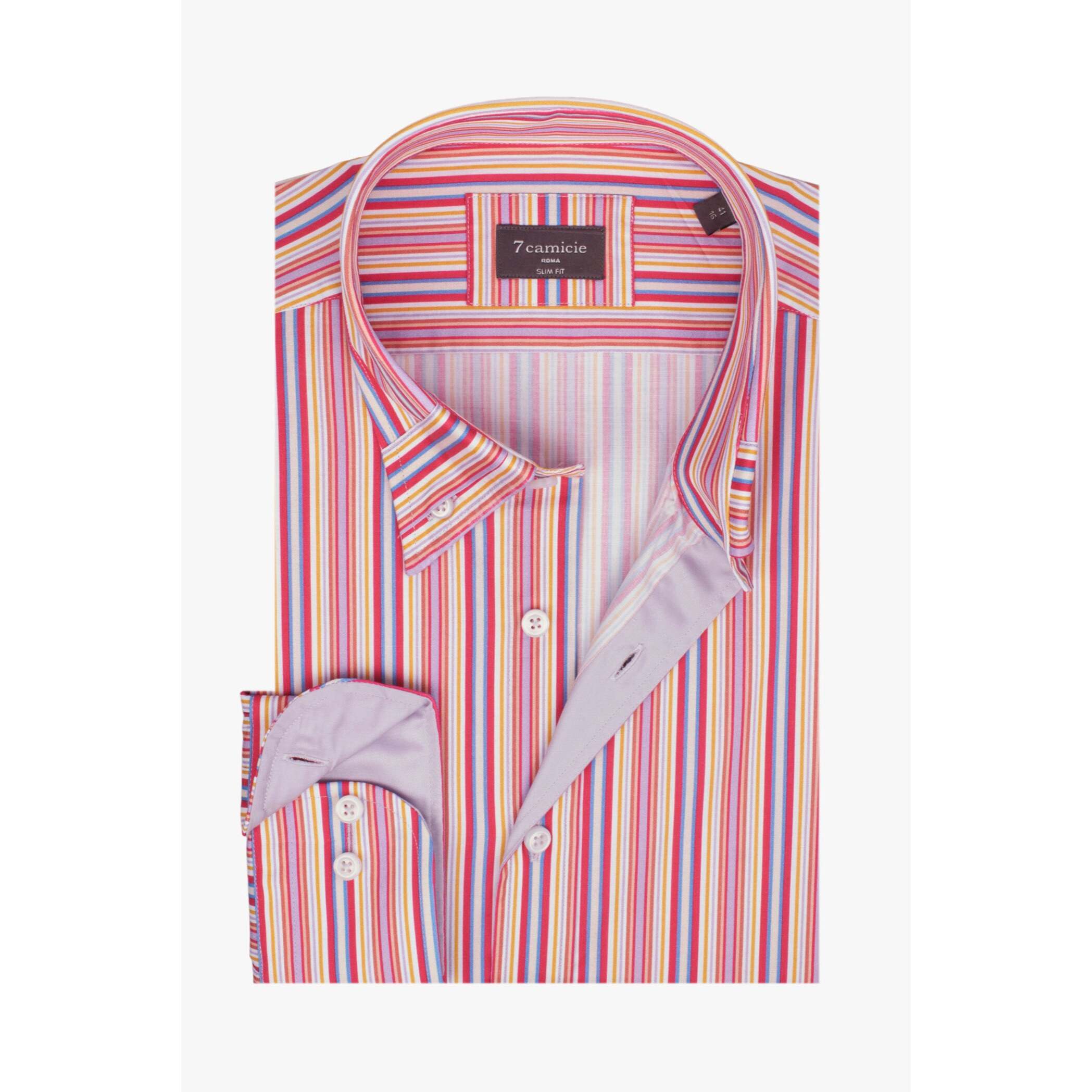 Camicia Uomo 1 Bottone Button Down Slim Popeline Stampato Fuxia Lilla