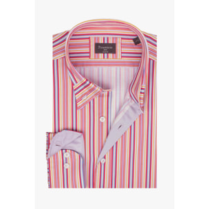 Camicia Uomo 1 Bottone Button Down Slim Popeline Stampato Fuxia Lilla