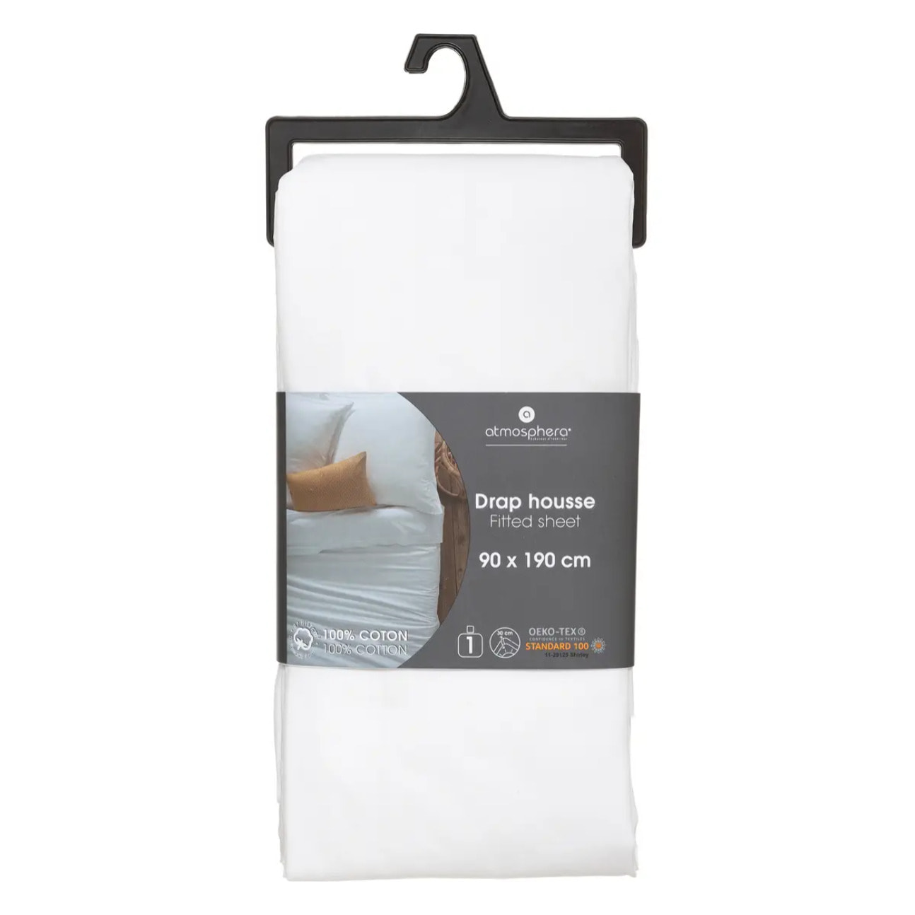 Drap-housse en coton - blanc - bonnet H30cm - 90x190 cm