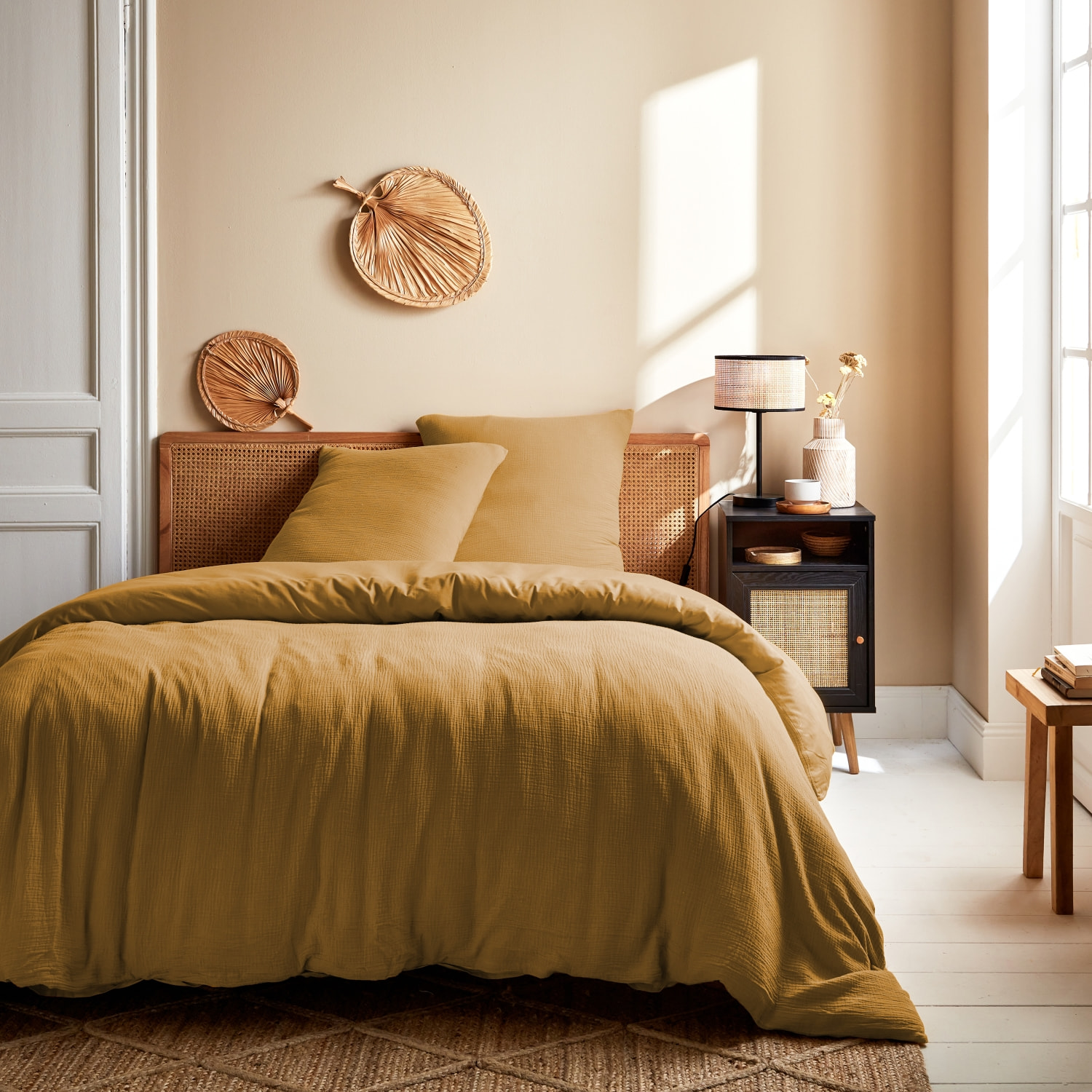 Parure de lit gaze de coton 2 places miel Alix 240x220cm