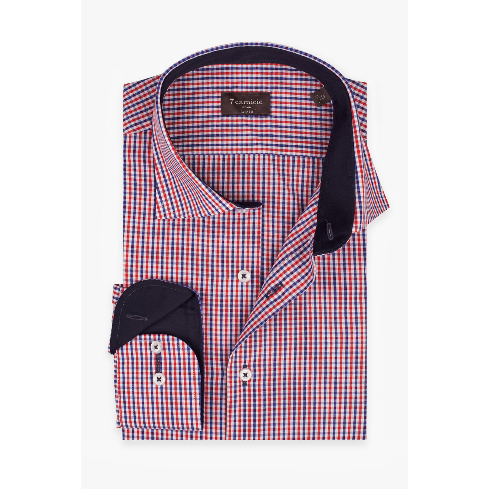 Camicia Uomo 1 Bottone Francese Slim Popeline Quadro Piccolo Blu\Rosso