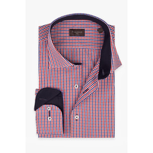 Camicia Uomo 1 Bottone Francese Slim Popeline Quadro Piccolo Blu\Rosso