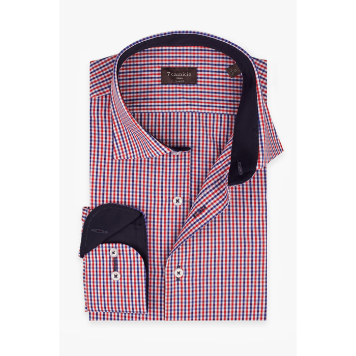 Camicia Uomo 1 Bottone Francese Slim Popeline Quadro Piccolo Blu\Rosso