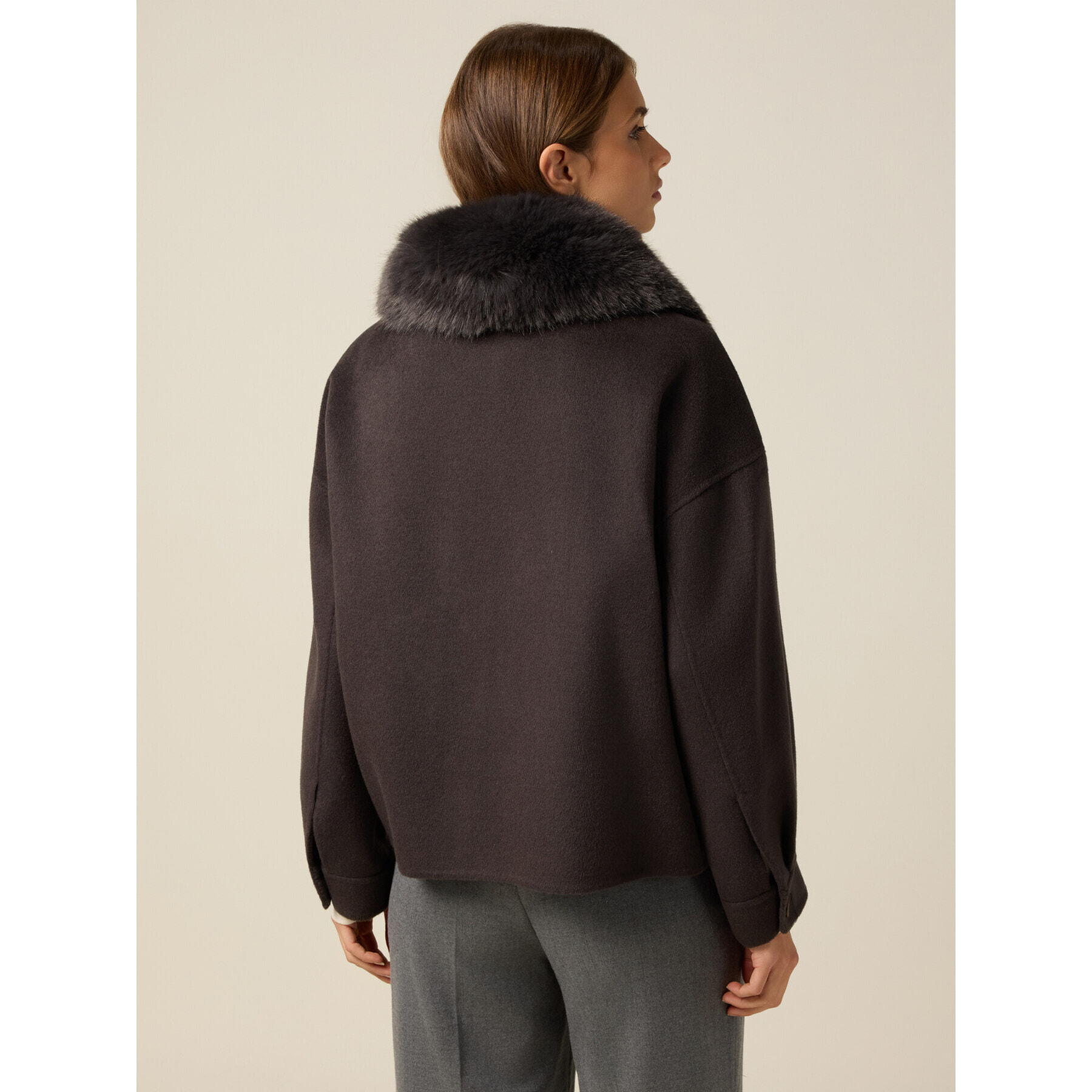 Oltre - Cappotto corto misto lana con collo peloso - Marrone