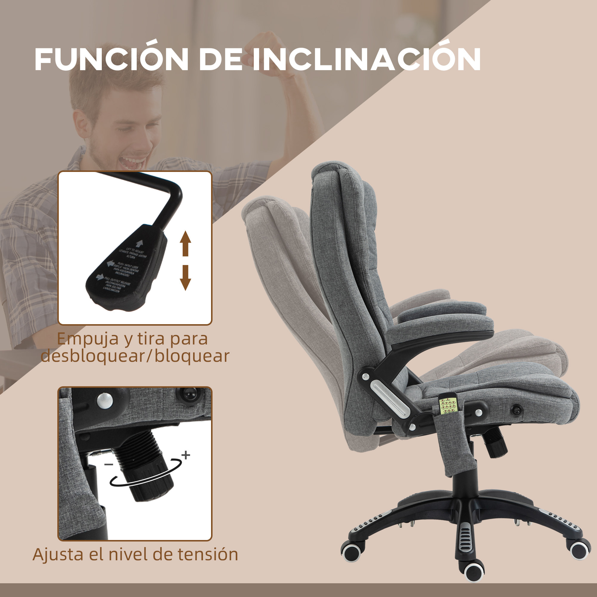 Silla de Masaje con 6 Puntos de Masaje Silla de Escritorio Reclinable hasta 130° con Función de Calefacción Altura Ajustable y Ruedas para Estudio 68x72x110-120 cm Gris