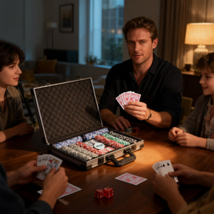 Mallette pro de poker 400 jetons 2 jeux cartes 5 dés bouton tapis alu