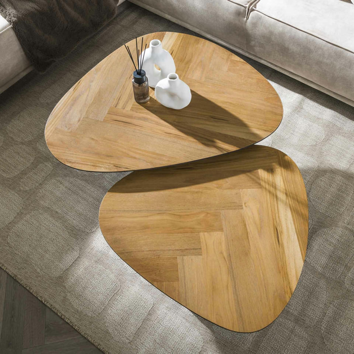 Table basse en bois de teck et métal motif chevron (lot de 2) MAYA