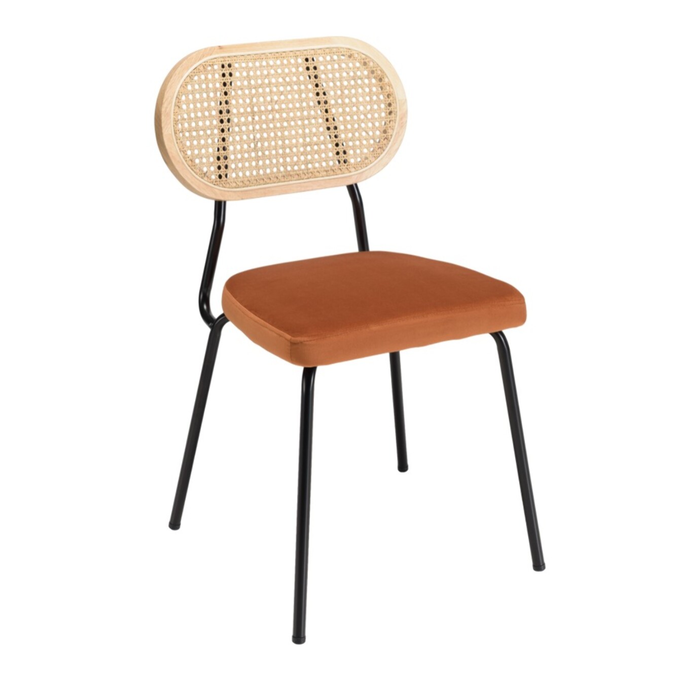 AGATHE - Lot de 2 chaises métal noir assise velours orange ambré dossier rotin
