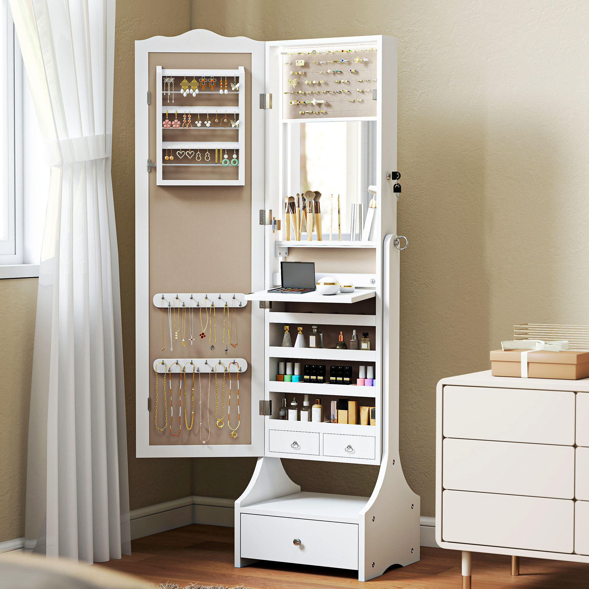 Espejo Joyero con Luces LED, Armario para Joyas, Armario Joyero con Espejo Entero de Ángulo Ajustable, Cajones, Mesa Interior Plegable, Cerradura, Luces Apagado Automático, Blanco y Forro Beige