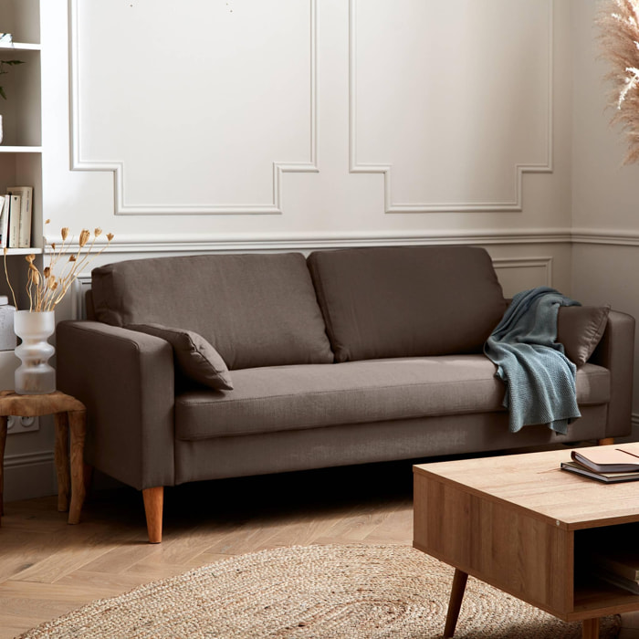 Canapé en tissu marron - Bjorn - Canapé 3 places fixe droit pieds bois. style scandinave