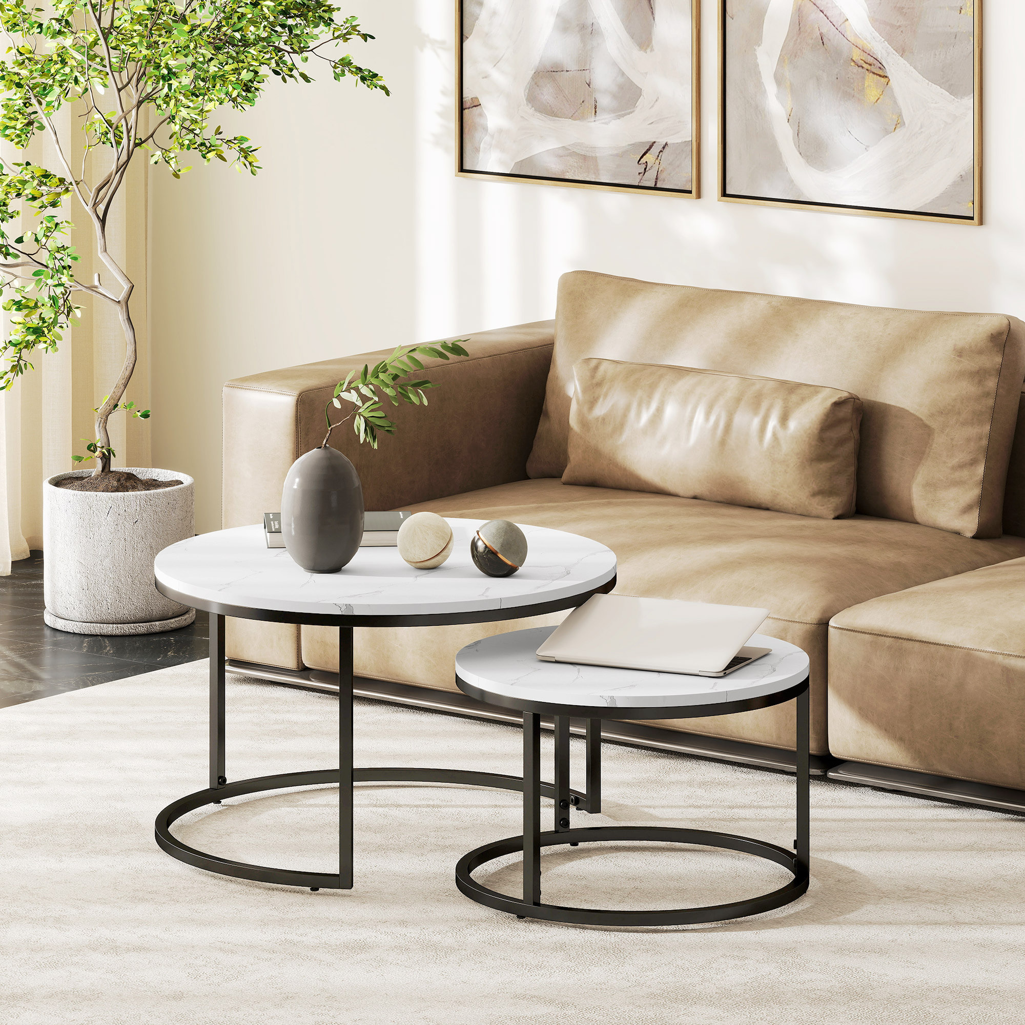 Lot de 2 tables basses rondes gigognes empilables piètement acier noir plateau aspect marbre blanc