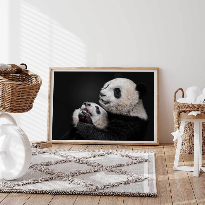 Affiche enfant pandas  Affiche + cadre en bois - Chêne