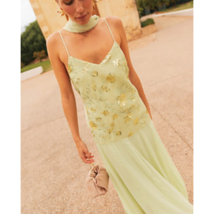 Vestido midi con cuerpo de bordados y gasa