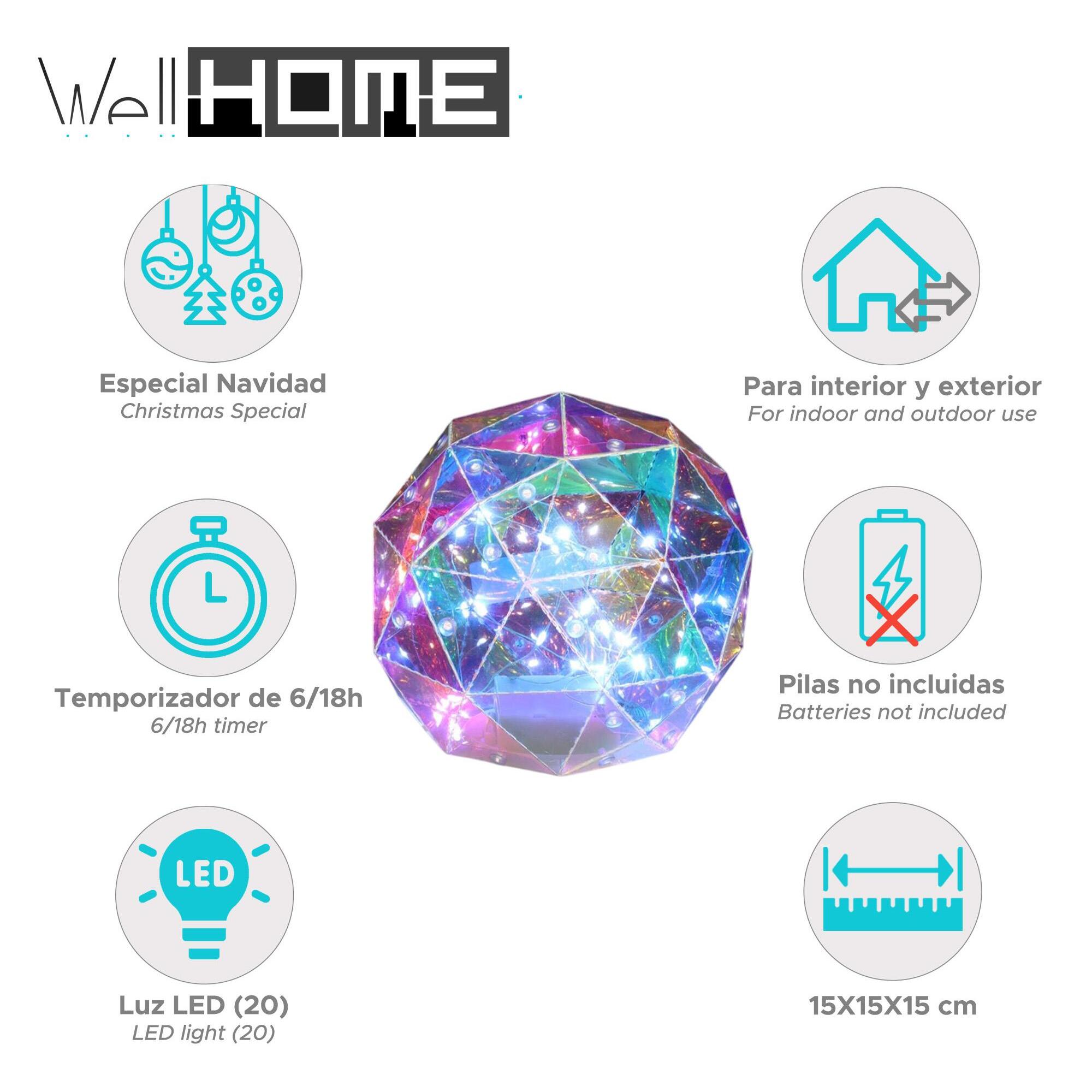 bola luminosa con 20 luces led frías con colores arco iris 15x15x15cm