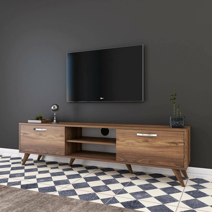 Mobile porta TV Dbarar, Credenza da soggiorno, Armadio basso per TV, Base parete attrezzata, 180x35h49 cm, Noce