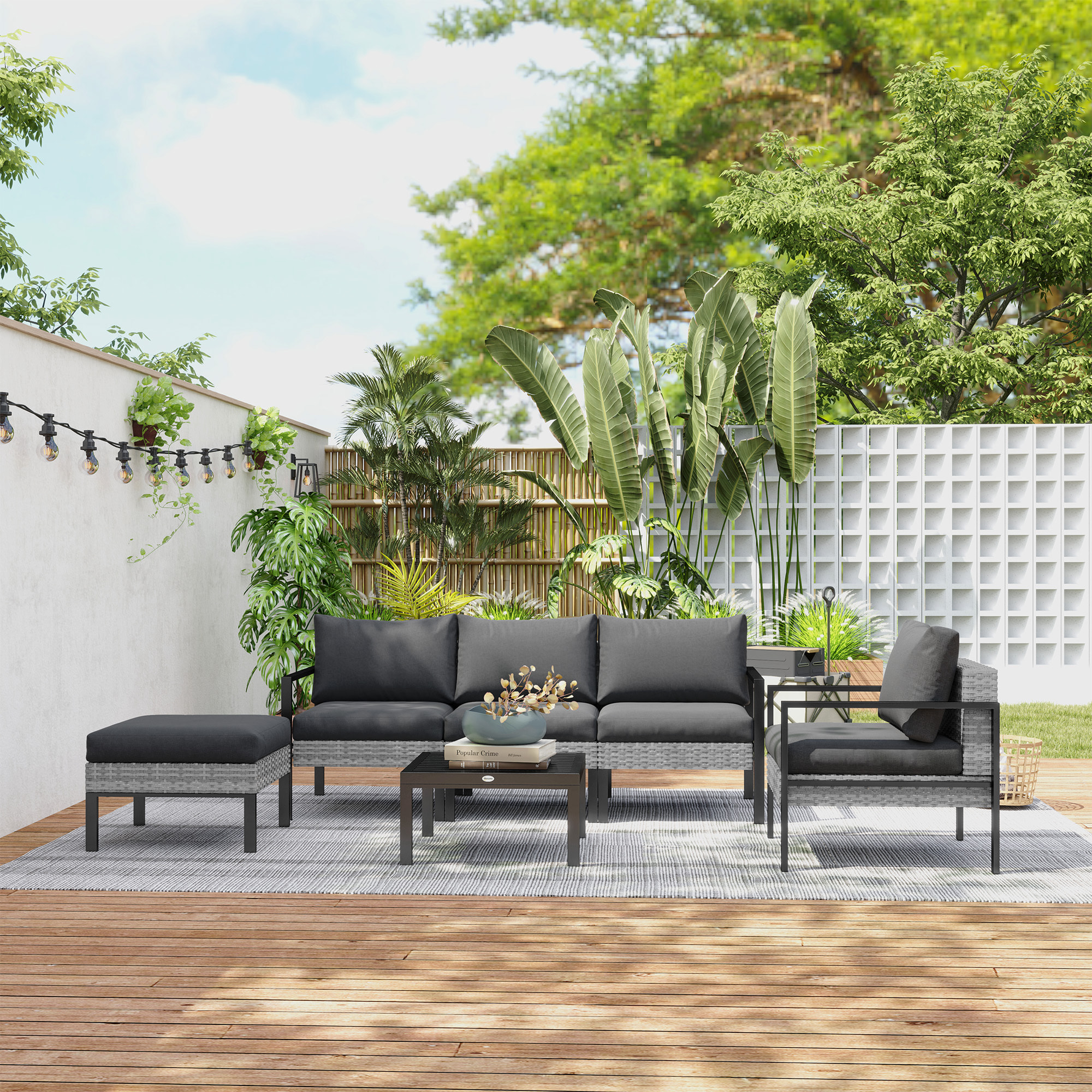Ensemble salon de jardin 5 places 4 pièces coussins anthracite métal époxy noir résine tressée 2 fils gris