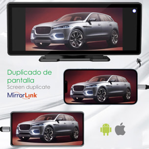 DAM Pantalla táctil B5303R para coche 10,2'' HD. Android Auto/Car Play inalámbrico. Bluetooth MP5 con Mirror Link, dashcam frontal + trasera 12 LED. 24,45x2,5x9,8 Cm. Color: Negro