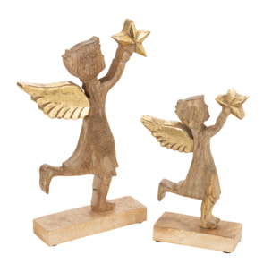 J-Line figurine Ange + Etoile - bois de Manguier - aluminium - naturel/or - large