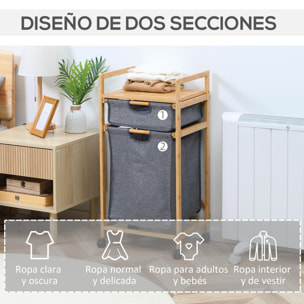 HOMCOM Cesto para Ropa Sucia de Bambú Cesta para la Colada con 2 Bolsas de Tela Extraíbles Estante Abierto 2 Asas Laterales y 4 Ruedas 42x35x84,5 cm Gris