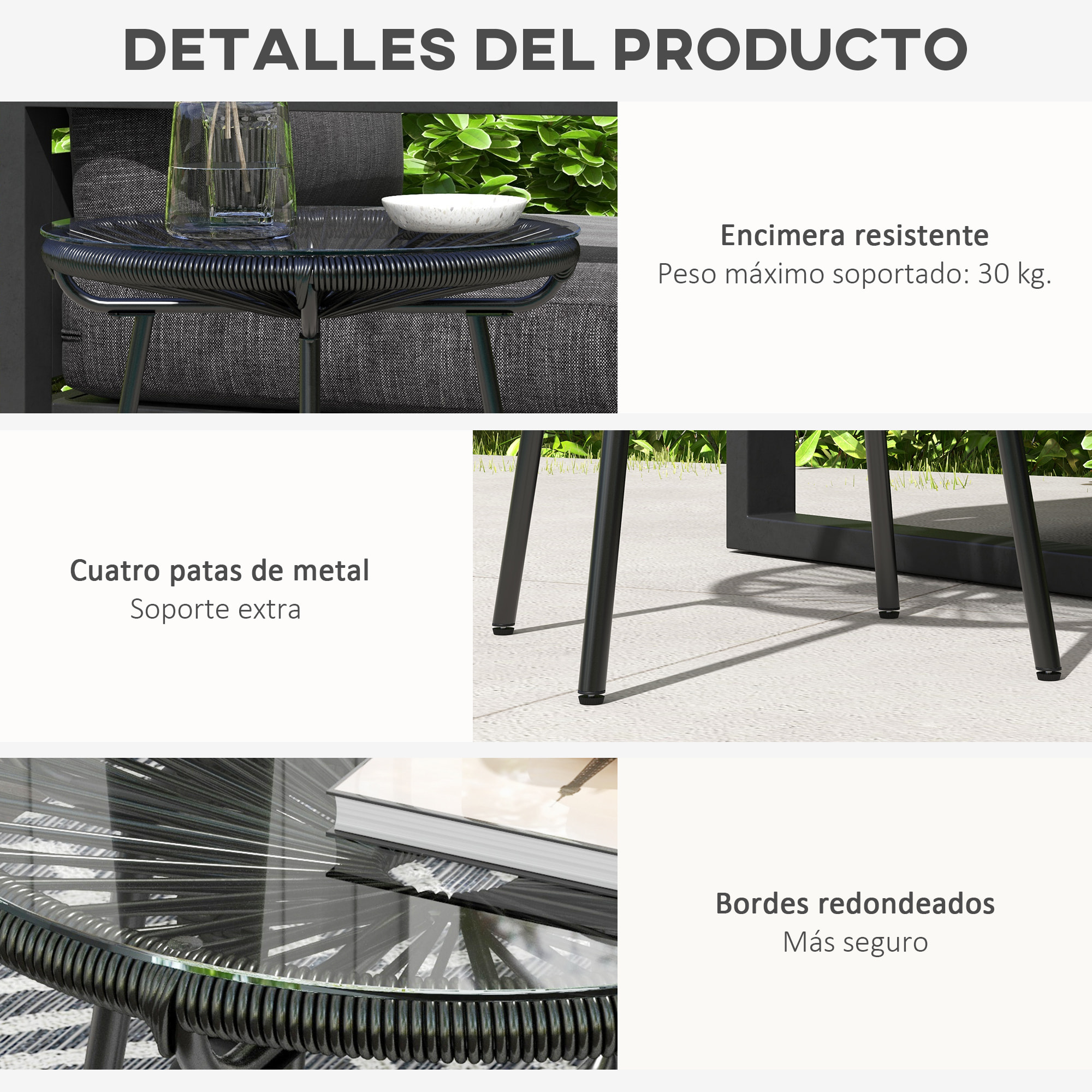 Mesa de Jardín de Ratán Sintético Mesa de Centro Redonda para Exteriores con Tablero de Vidrio Templado y Patas de Metal para Patio Balcón Ø50x50 cm Negro