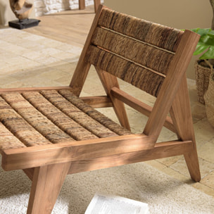 SIXTINE - Fauteuil lounge en bois de teck recyclé assise en tissage
