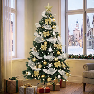 HOMCOM Árbol de Navidad con 200 LED Blanco Cálido, 180 cm, Árbol de Navidad Predecorado, 800 Ramas, 8 Modos, Bolas, Cintas y Lazos, Mando a Distancia, Base Metálica Plegable, Funciona con USB, Verde