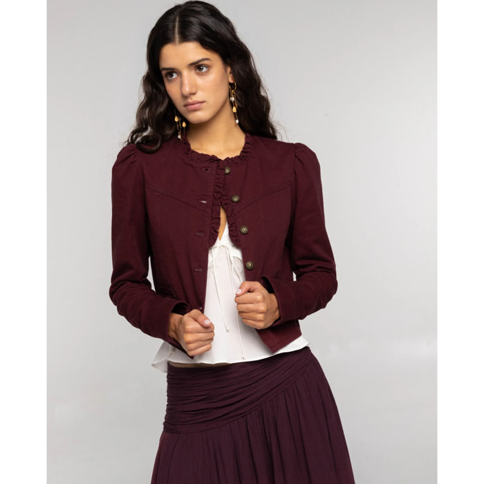 Chaqueta denim con mangas abullonadas de mujer