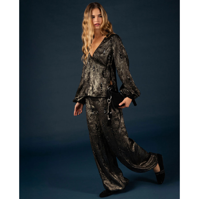 Pantalón con canesú y bordado de lentejuelas de mujer