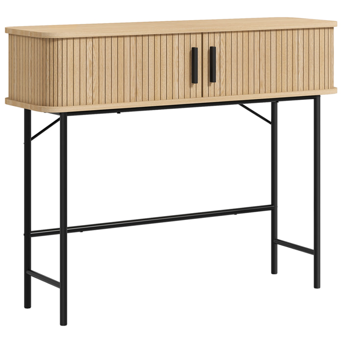 Console 2 portes coulissantes design naturel piètement acier noir effet bois clair