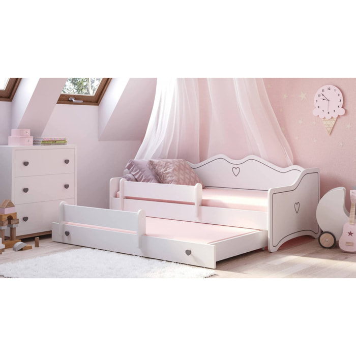 Letto singolo per bambini, Divano letto con secondo lettino estraibile, Lettino con decorazione e protezione anticaduta, cm 164x88h70, colore Bianco e Grigio