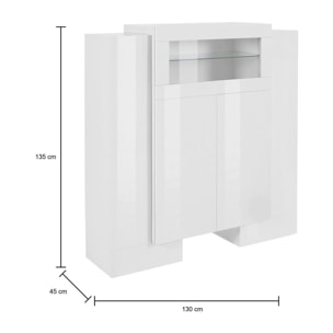 Credenza moderna a 5 ante con dettaglio in vetro, Made in Italy, Vetrinetta, Mobile da soggiorno, cm 130x45h135, colore Bianco lucido