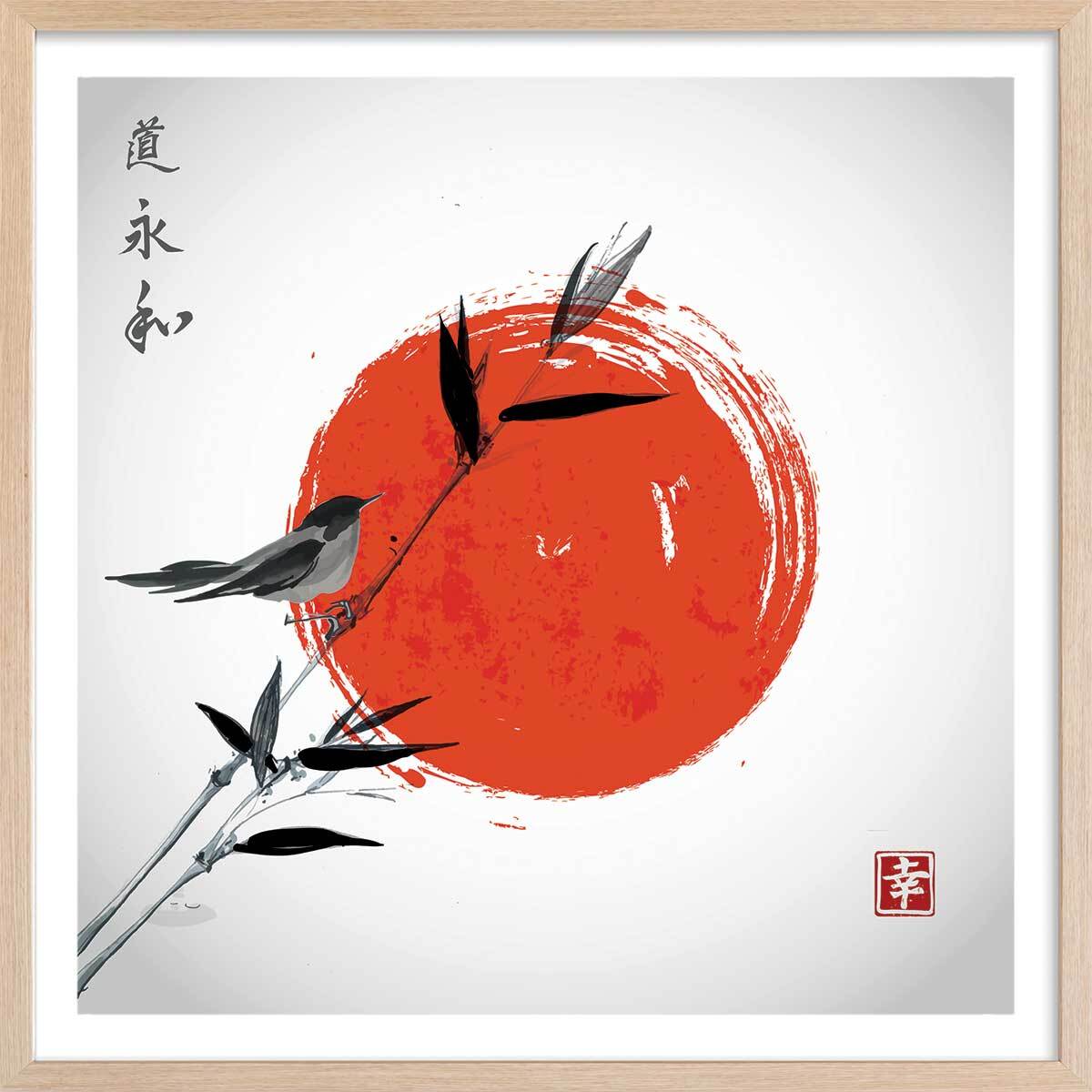 Affiche shinto et son rossignol Affiche sous cadre bois
