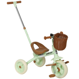 Triciclo para Bebés 2 en 1, Triciclo Evolutivo, 2-5 Años, con Barra Parental Ajustable, Pedales Antideslizantes, Reposapiés Plegables y Cesta, para Niños y Niñas, Verde
