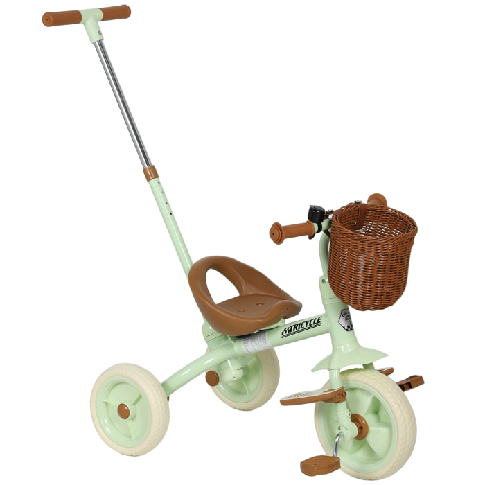 Triciclo para Bebés 2 en 1, Triciclo Evolutivo, 2-5 Años, con Barra Parental Ajustable, Pedales Antideslizantes, Reposapiés Plegables y Cesta, para Niños y Niñas, Verde