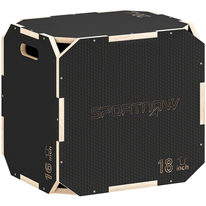 Cajón Pliométrico de Madera 3 en 1, Plataforma de Caja Pliométrica con 3 Alturas Ajustables 51/48/41 cm, Asas, sin Esquinas, Entrenamiento de Salto, Fuerza, para Casa, Gimnasio y Exterior