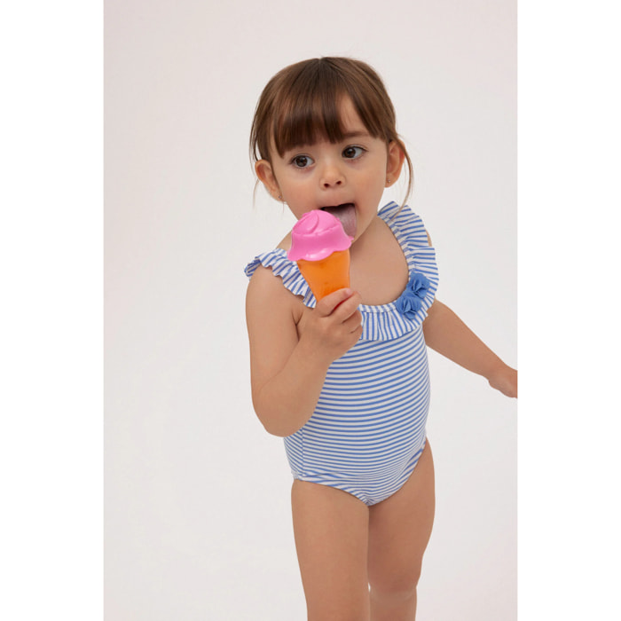 Costume da bagno per bambina a righe blu con dettaglio floreale testurizzato