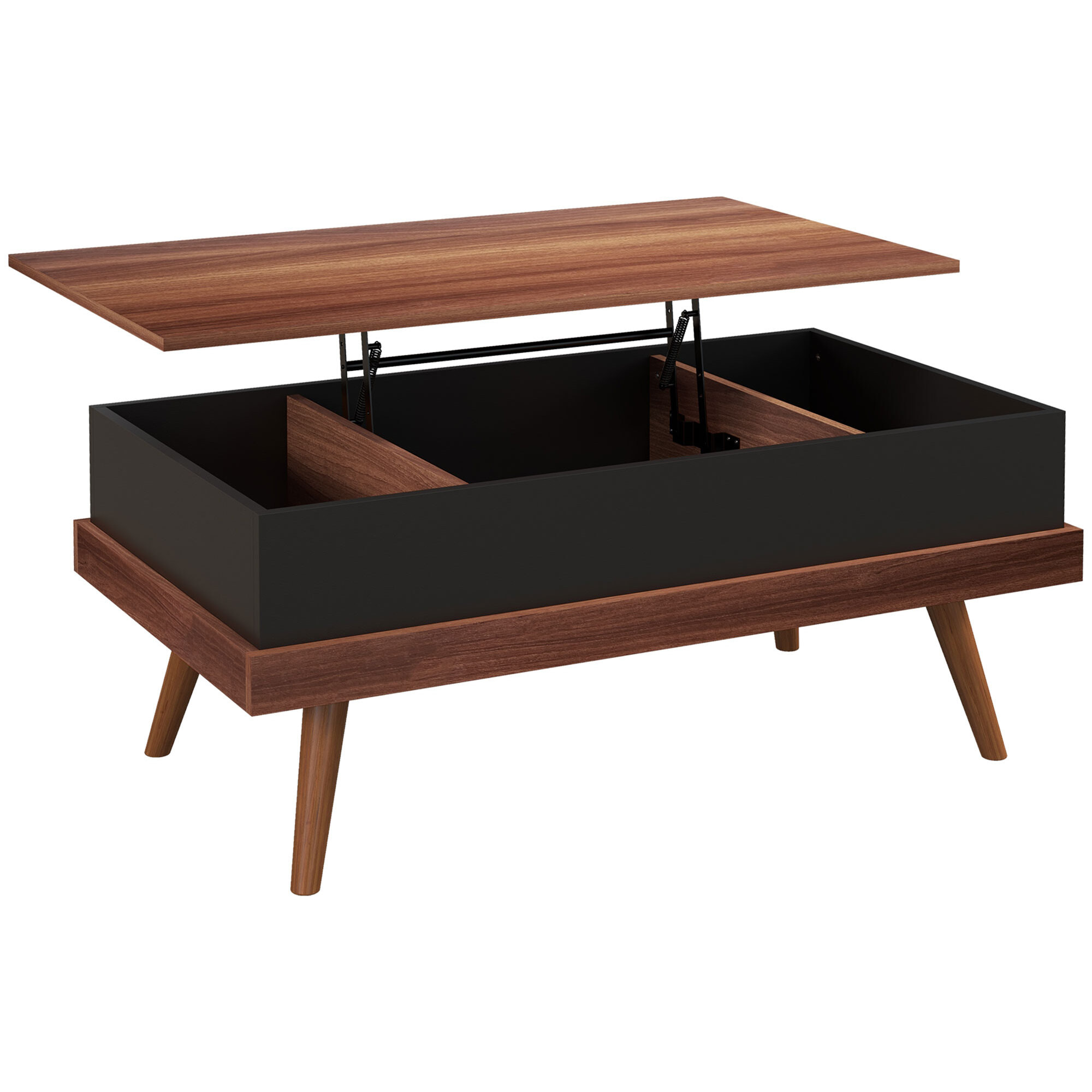 Mesa de Centro Elevable Mesita de Salón con 3 Compartimientos de Almacenaje Ocultos y Patas de Madera para Oficina Dormitorio 100x79x54 cm Marrón y Negro