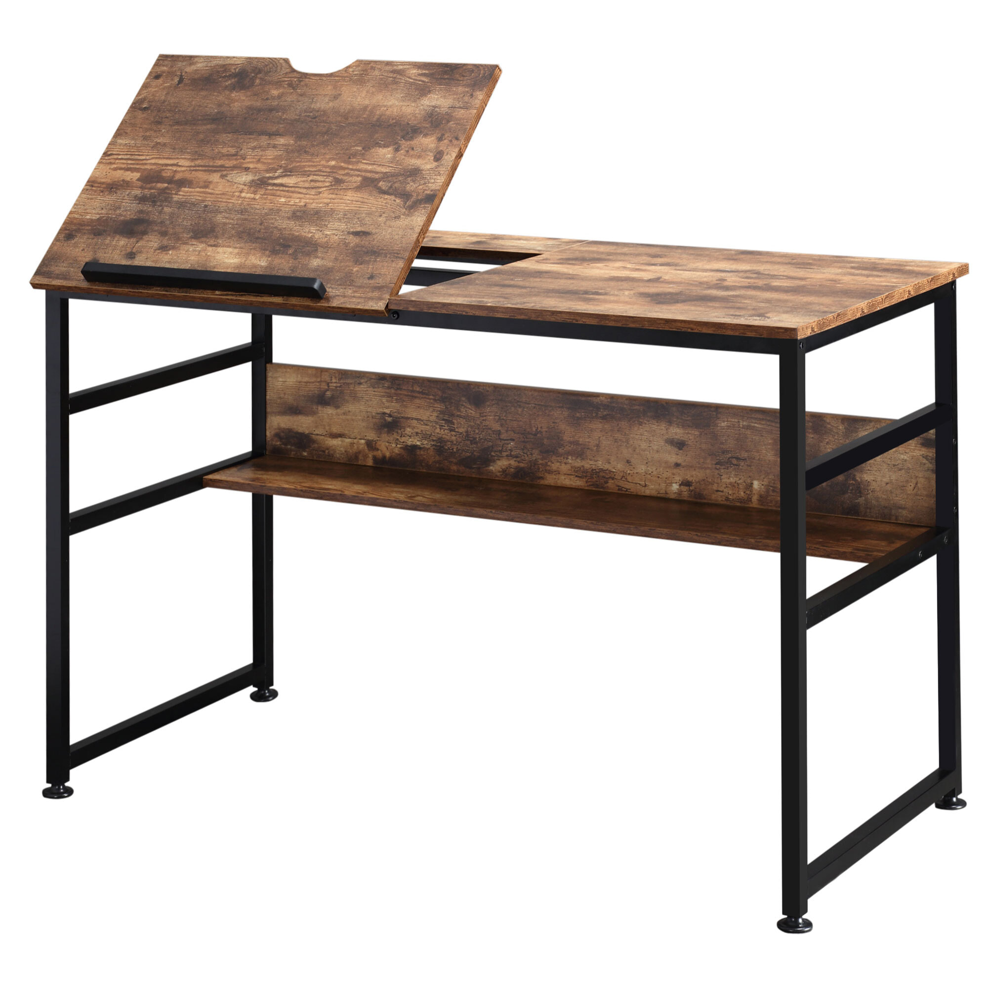 Bureau informatique design industriel - plateau relevable, étagère -  panneaux particules aspect vieux bois métal noir