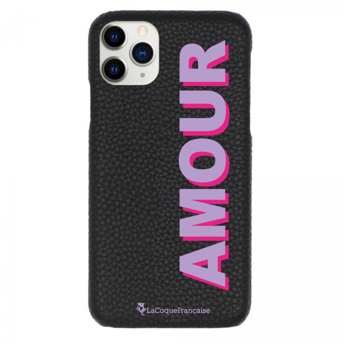 Coque iPhone 11 Pro Max effet cuir grainé noir Amour parme et fushia Design La Coque Francaise