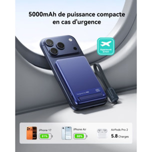Batterie nomade INIU 5000 mAh magnet Qi2 MagPro slim bleu