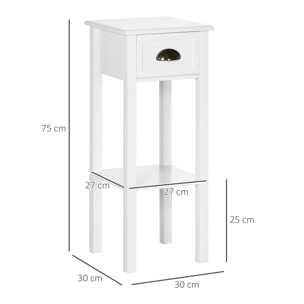 Mesa Auxiliar Mesita de Noche con Cajón y Estante de Almacenamiento Estilo Moderno para Sala de Estar Domitorio 30x30x75 cm Blanco