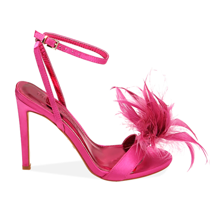 Sandalias fucsia con plumas de raso, tacón de 10,5 cm