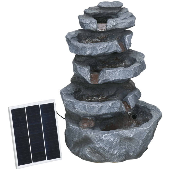 Fontaine de jardin à énergie solaire - fontaine roche cascade 5 niv. LED pompe incluse - résine gris