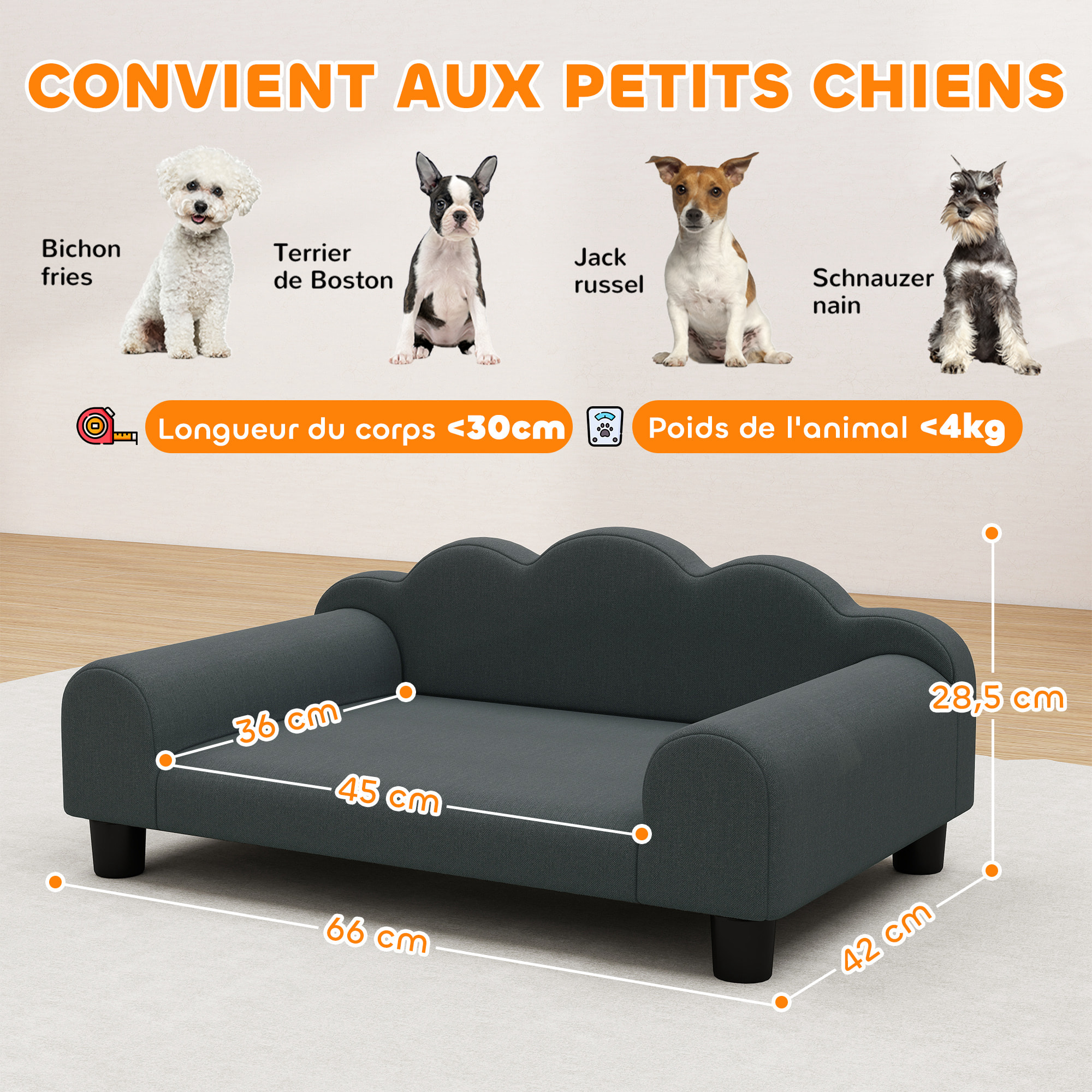 Canapé chien lit pour chien chat design contemporain coquillage dim. 66L x 42l x 28,5H cm gris