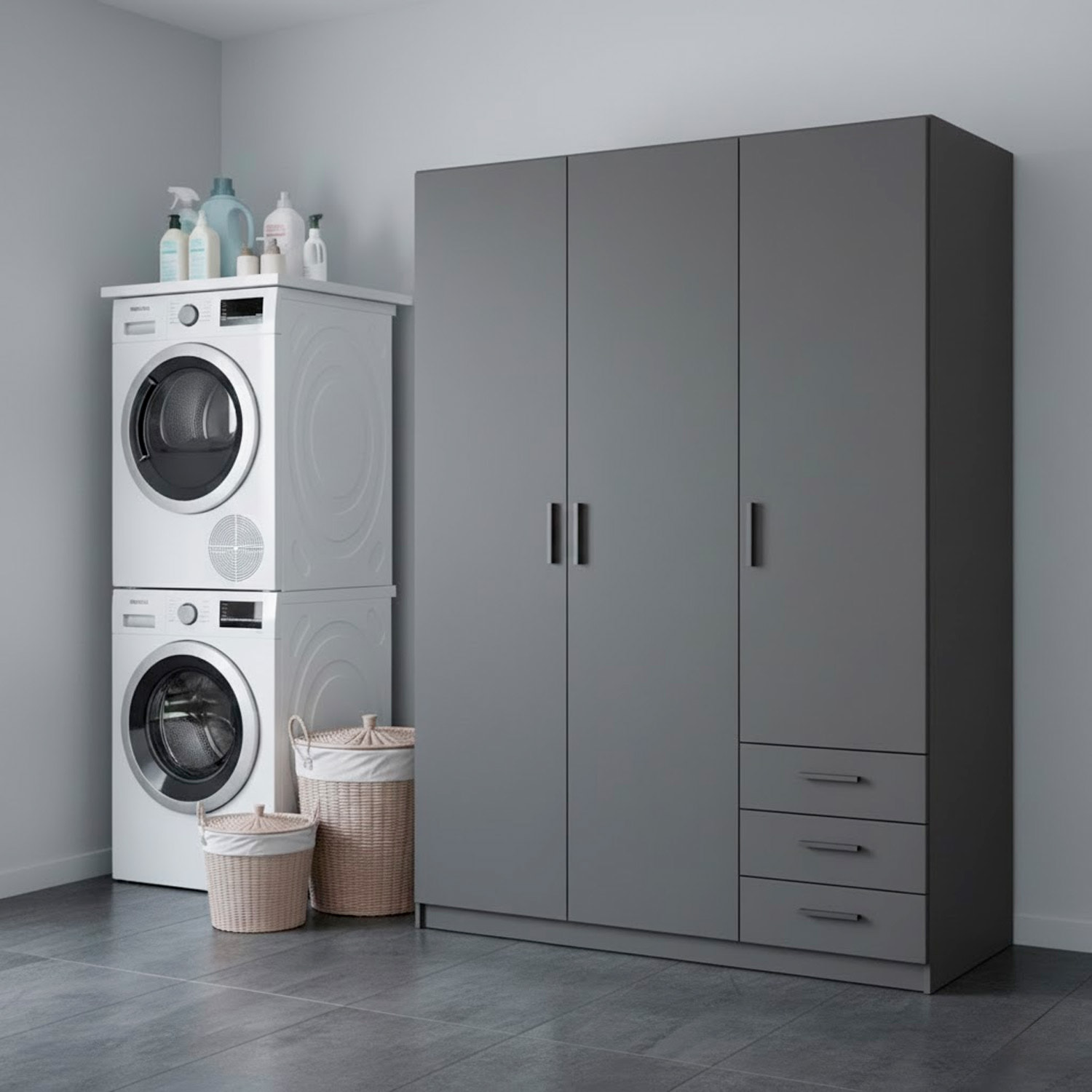 Armadio Con 3 Ante R 3 Cassetti Barra Appendiabiti E 4 Ripiani Di Cui 2 Regolabili Design Moderno Capiente 147 x 49.8 x 200.4 Cm Grigio Scuro