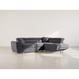 Baoji - Canapé d'angle droit 5 places convertible avec têtières et coffre en velours côtelé - Gris