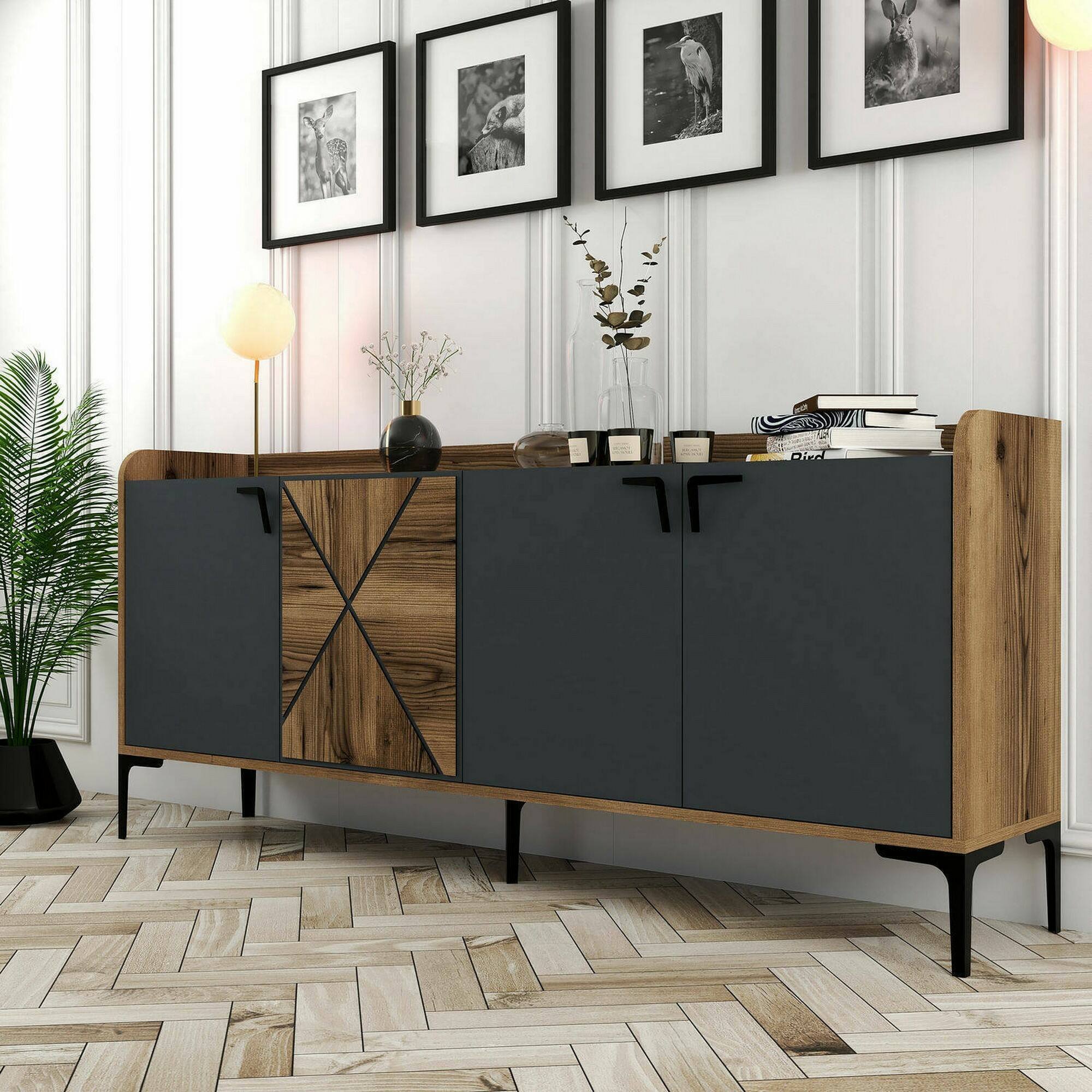 Credenza Dilici, Buffet da soggiorno, Madia da salotto, Dispensa da cucina, 180x35h78 cm, Noce e Antracite